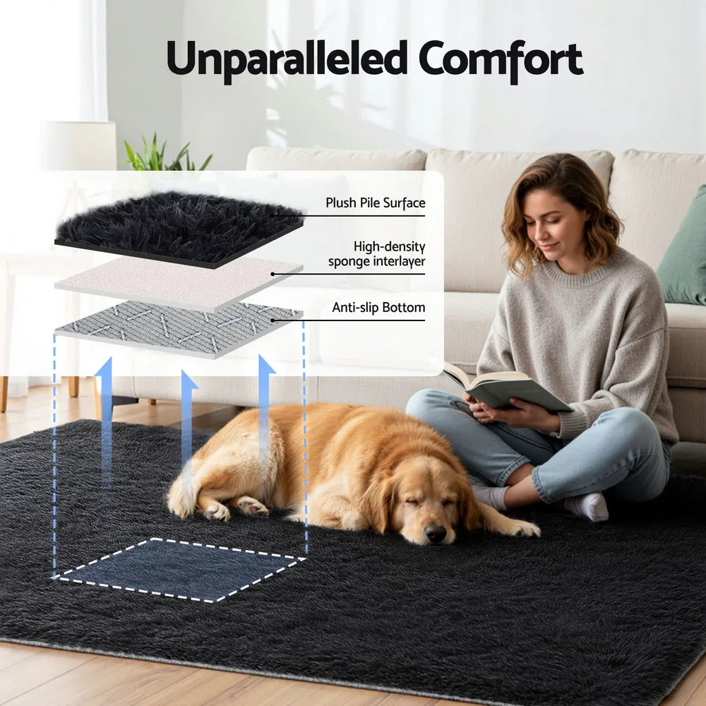 Artiss Floor Rug 160x230cm Plush Area Shaggy Rug Living Room Bedroom Carpet Black - Mekamart Australia