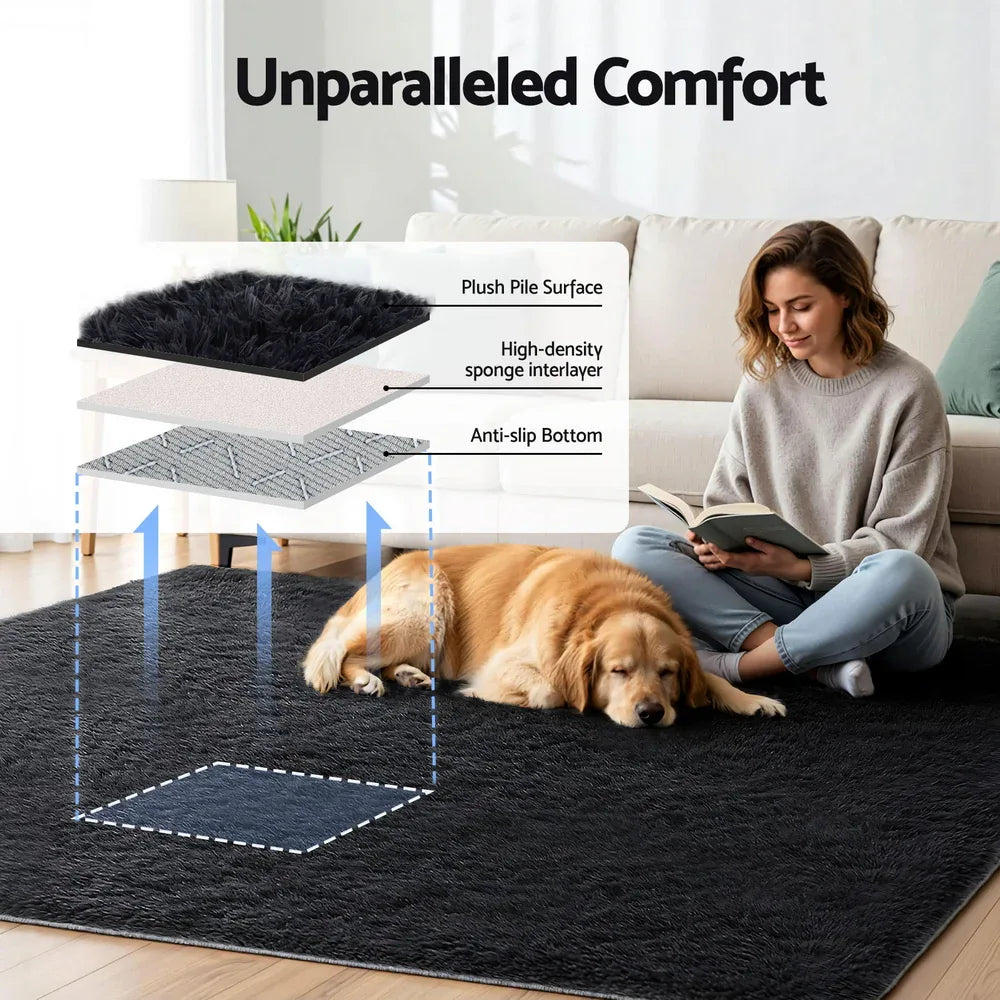 Artiss Floor Rug 200x230cm Plush Area Shaggy Rug Living Room Bedroom Carpet Black - Mekamart Australia