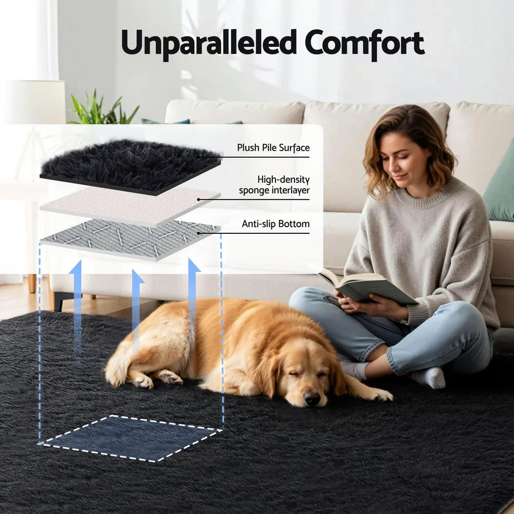 Artiss Floor Rug 200x290cm Plush Area Shaggy Rug Living Room Bedroom Carpet Black - Mekamart Australia