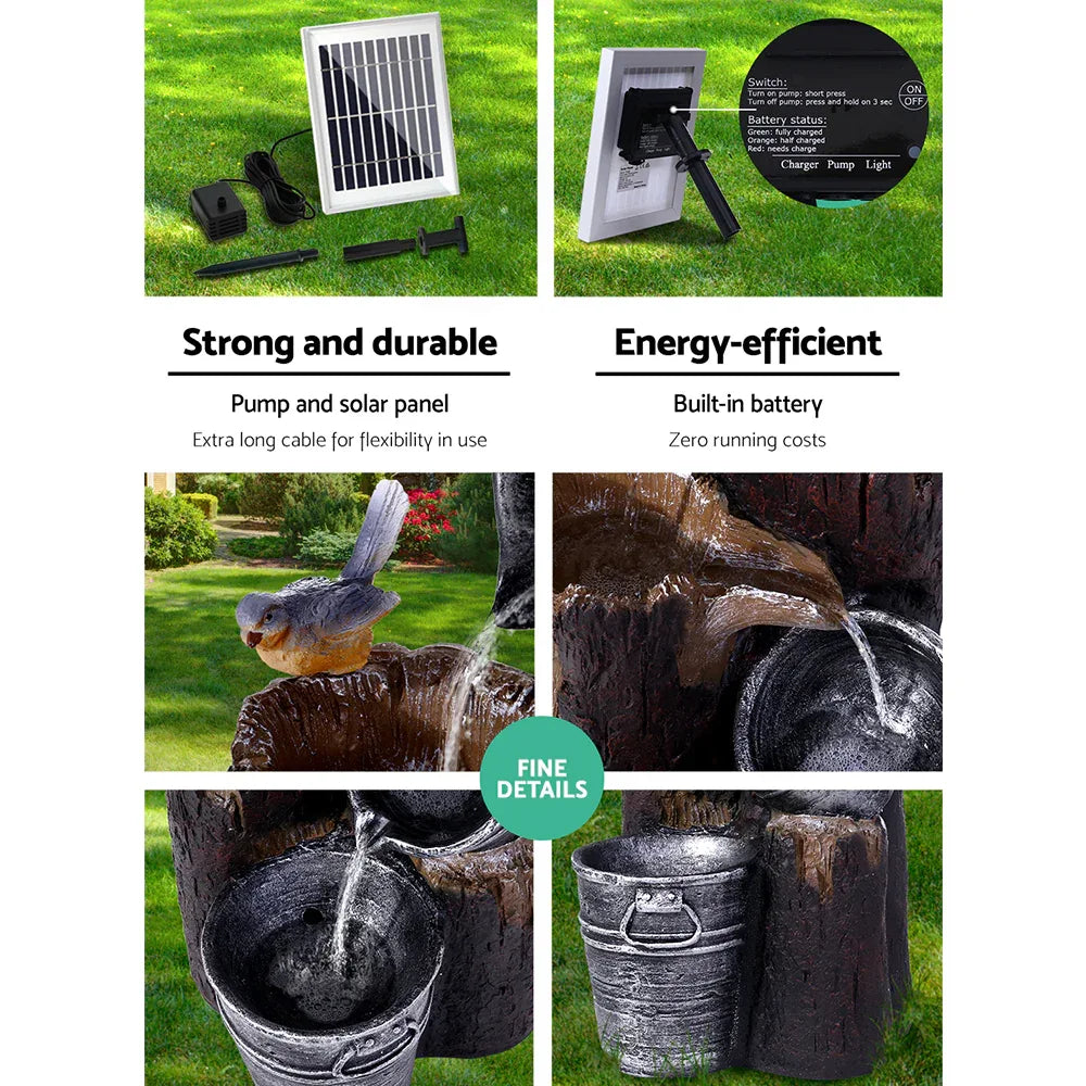Gardeon Solar Water Feature Cascading Fountain 3-Tier Bucket LED light Bird 76CM - Mekamart Australia