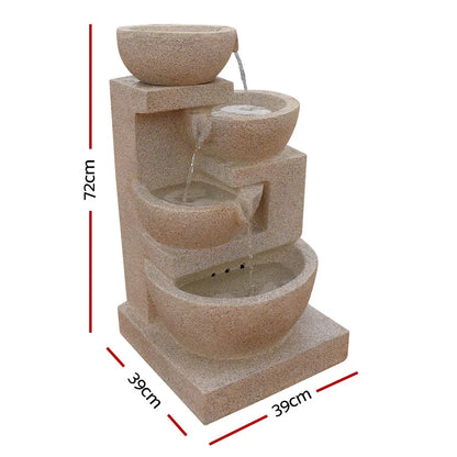 Gardeon Solar Water Feature Cascading Fountain 4-Tier Bowl LED Lights 72CM Sand - Mekamart Australia