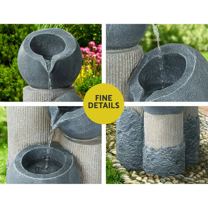 Gardeon Solar Water Feature Cascading Fountain 3-Tier Pot LED Lights 76CM Grey - Mekamart Australia