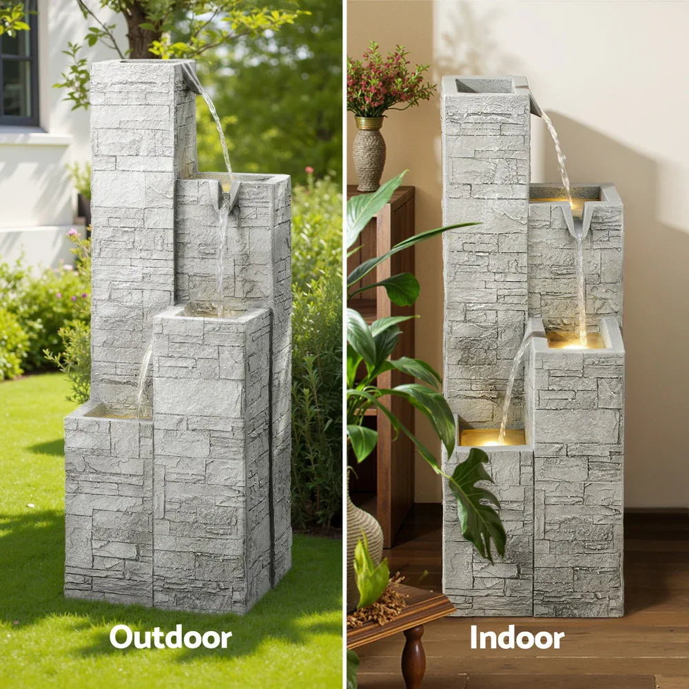 Gardeon Solar Fountain Water Feature Outdoor Indoor 4-Tier Square Cascading Beige - Mekamart Australia