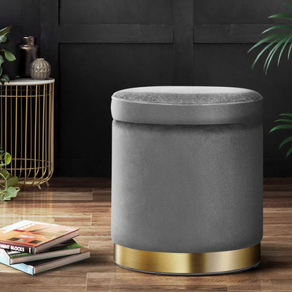 Artiss Ottoman Storage Foot Stool Round Velvet Charcoal - Mekamart Australia