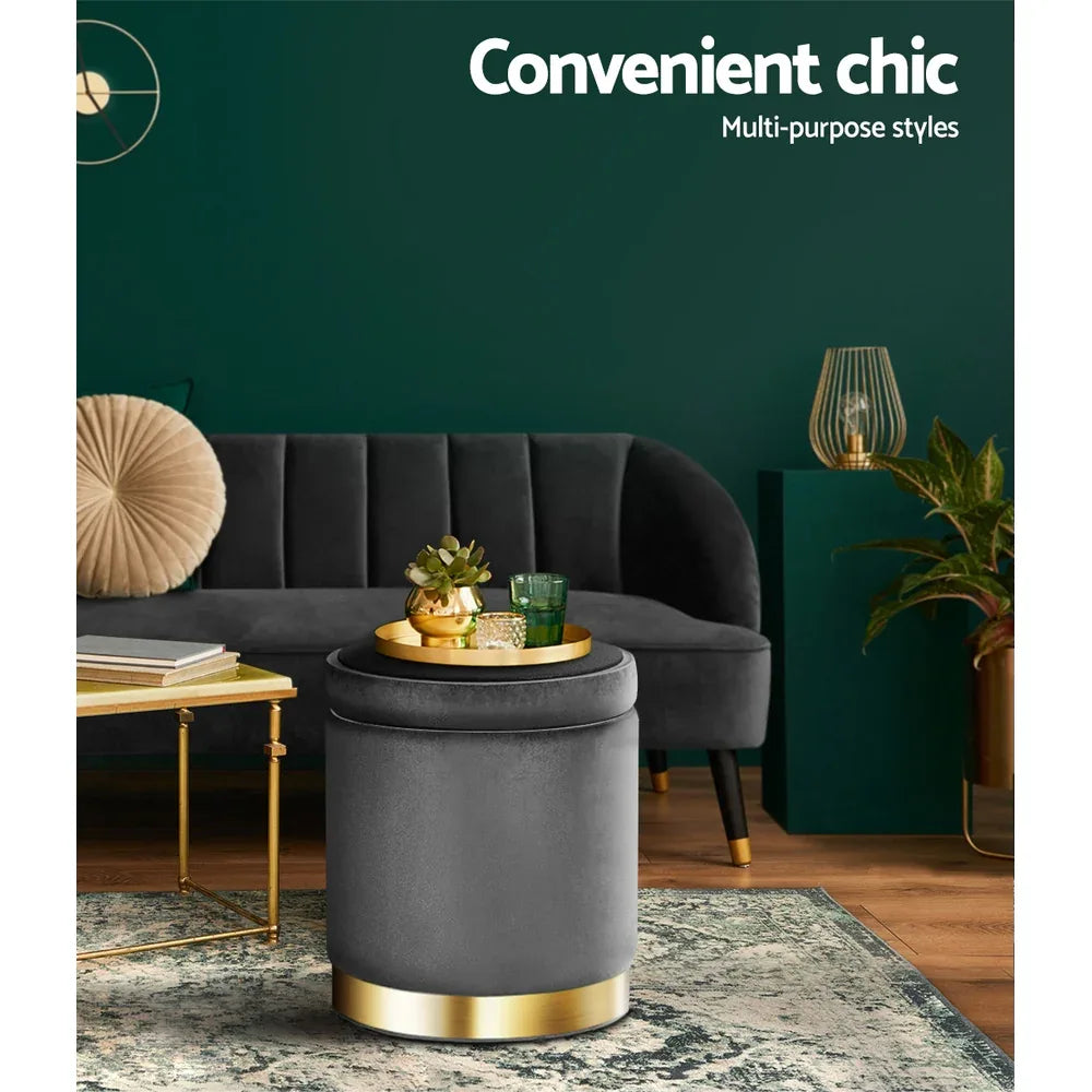 Artiss Ottoman Storage Foot Stool Round Velvet Charcoal - Mekamart Australia