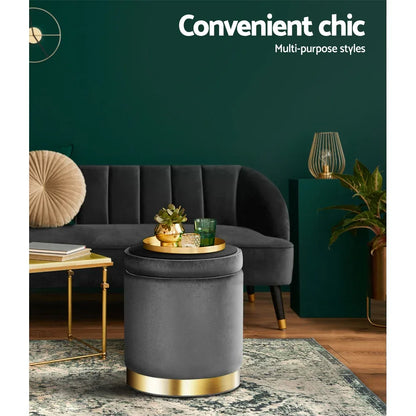 Artiss Ottoman Storage Foot Stool Round Velvet Charcoal - Mekamart Australia