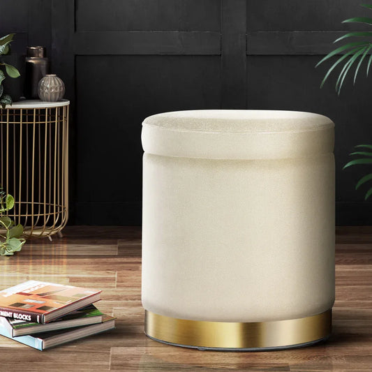 Artiss Ottoman Storage Foot Stool Round Velvet Cream - Mekamart Australia