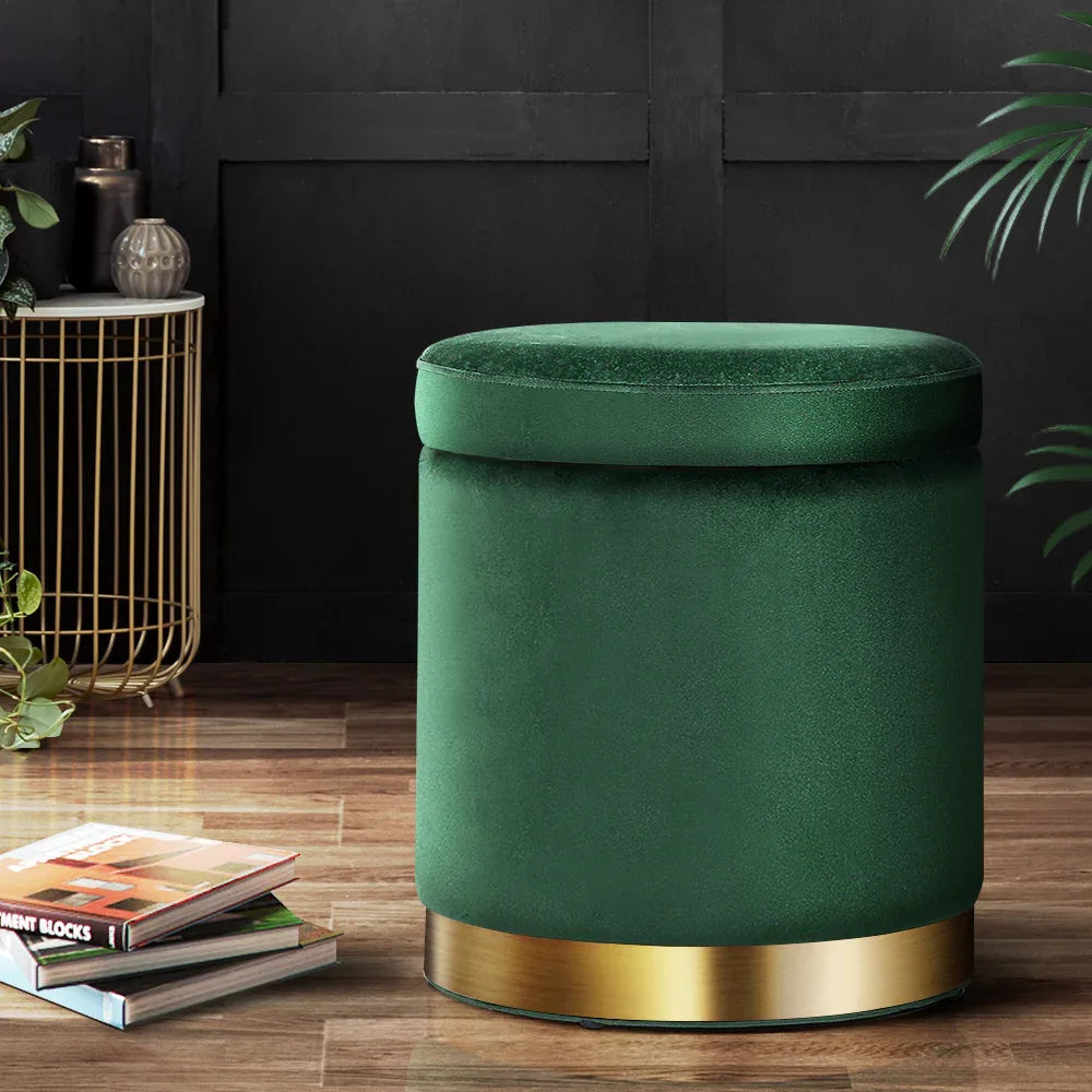 Artiss Ottoman Storage Foot Stool Round Velvet Green - Mekamart Australia