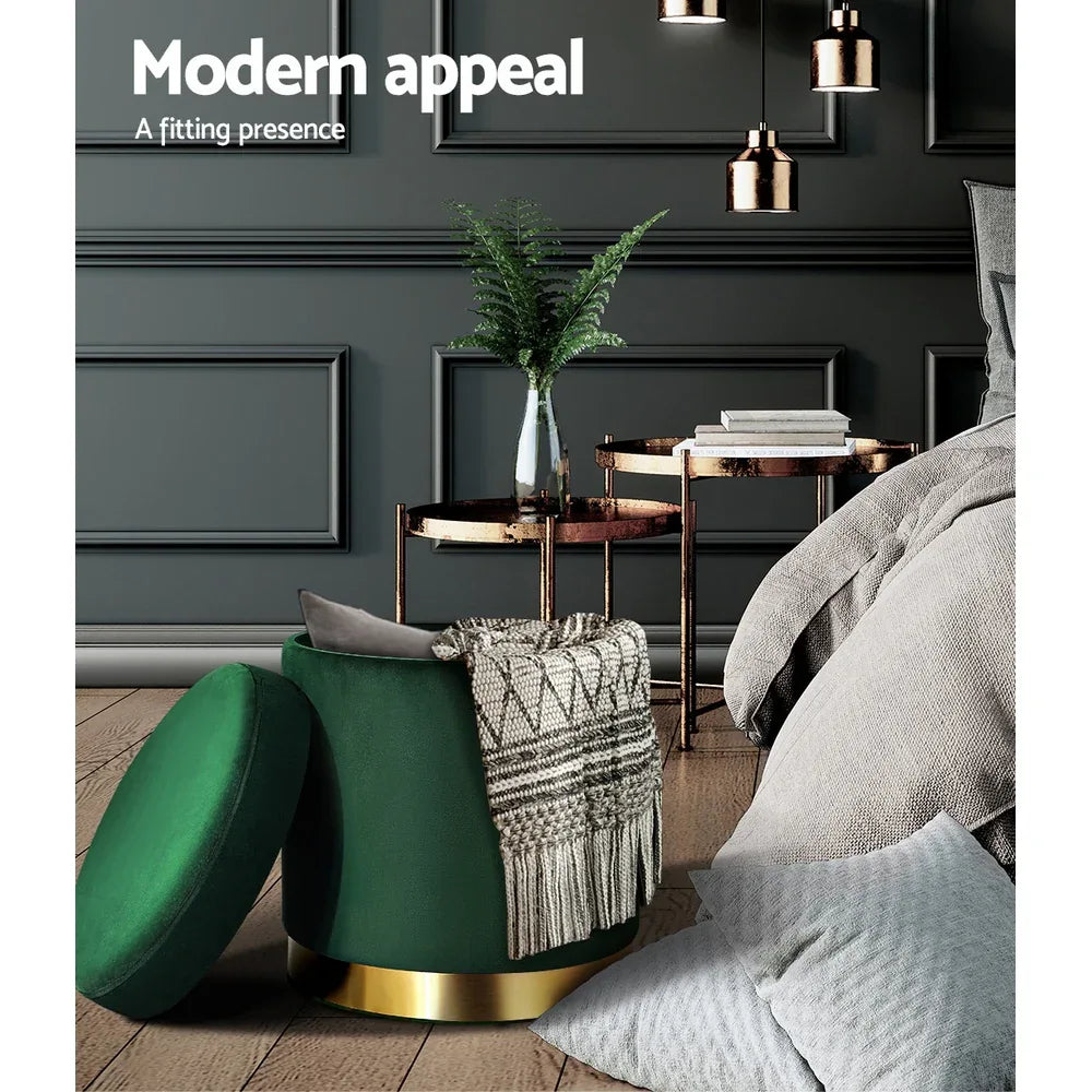Artiss Ottoman Storage Foot Stool Round Velvet Green - Mekamart Australia