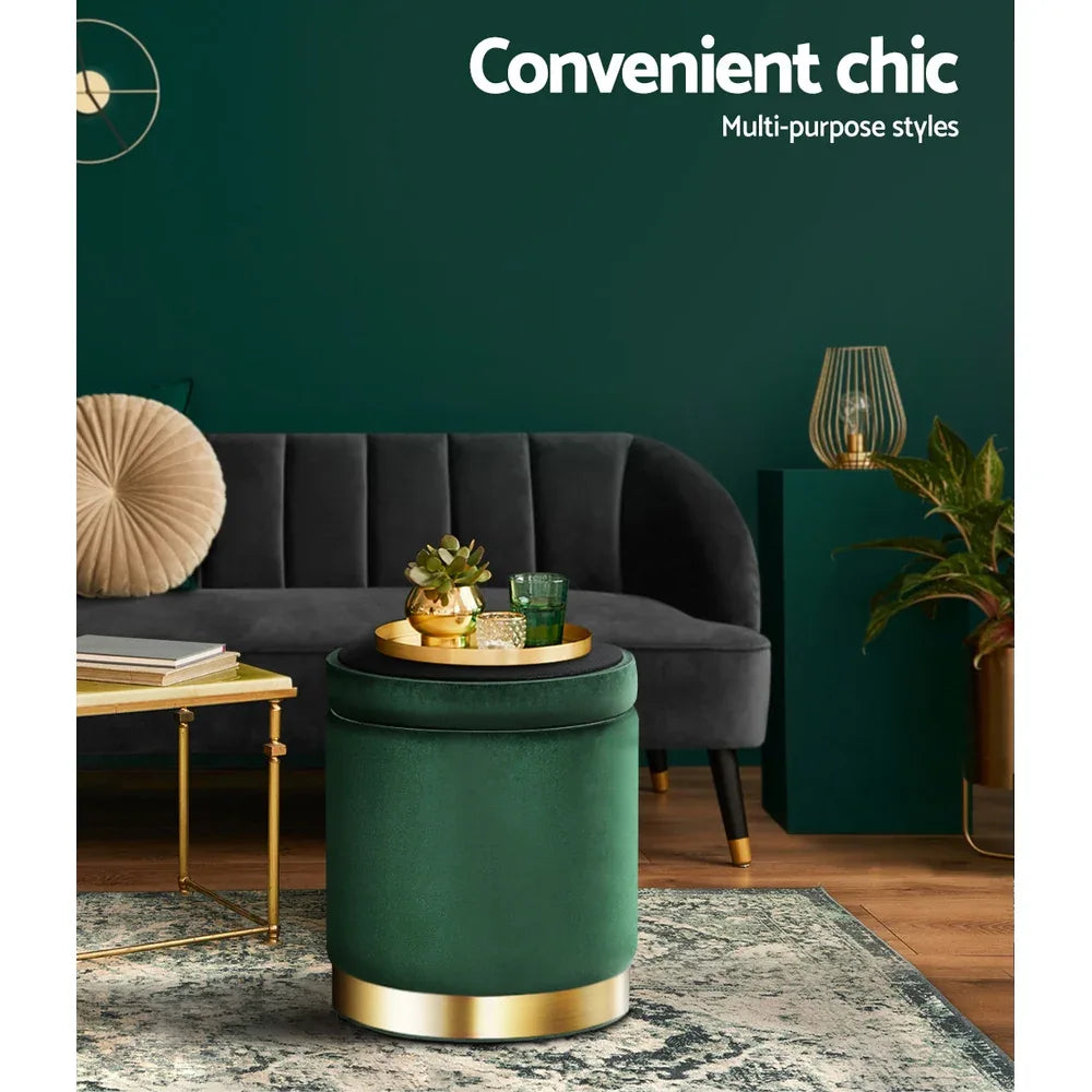 Artiss Ottoman Storage Foot Stool Round Velvet Green - Mekamart Australia