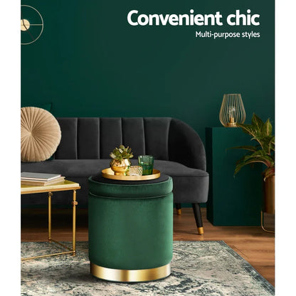 Artiss Ottoman Storage Foot Stool Round Velvet Green - Mekamart Australia