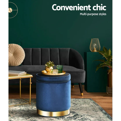 Artiss Ottoman Storage Foot Stool Round Velvet Navy - Mekamart Australia