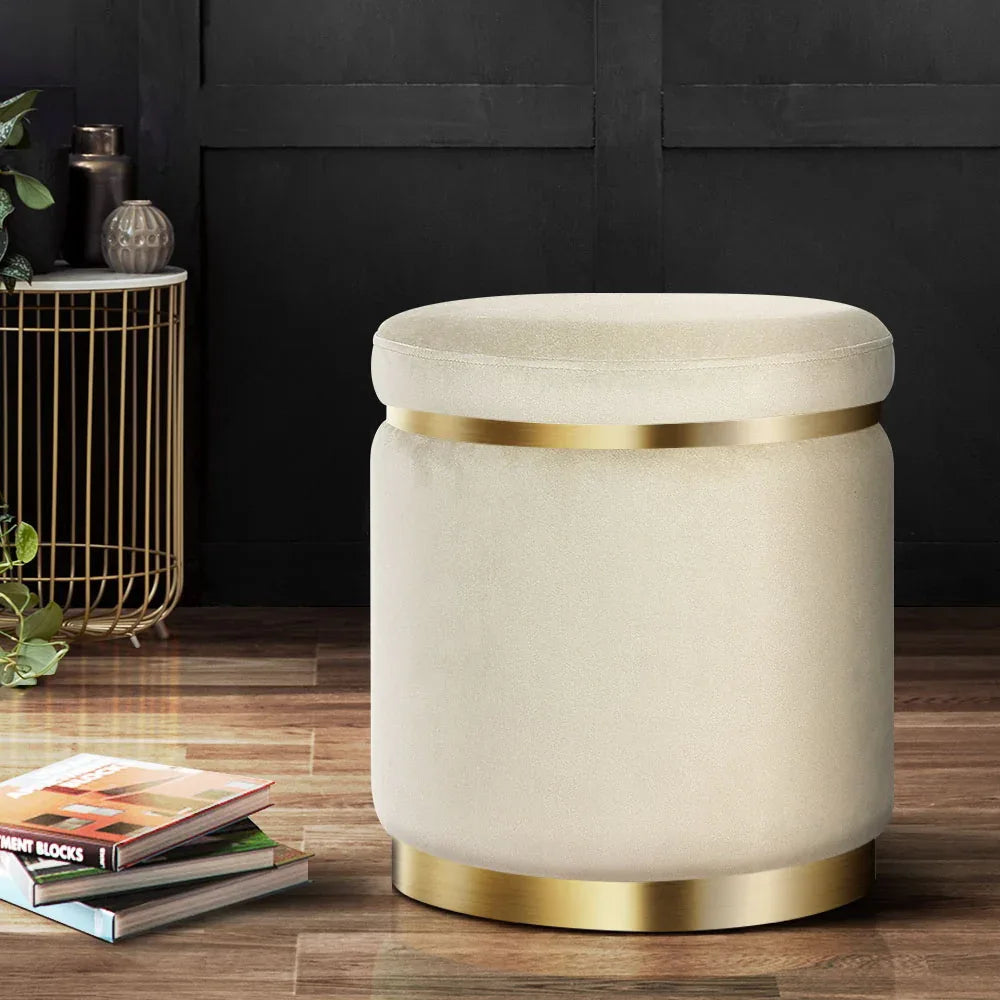 Artiss Ottoman Foot Stool Round Velvet Cream - Mekamart Australia