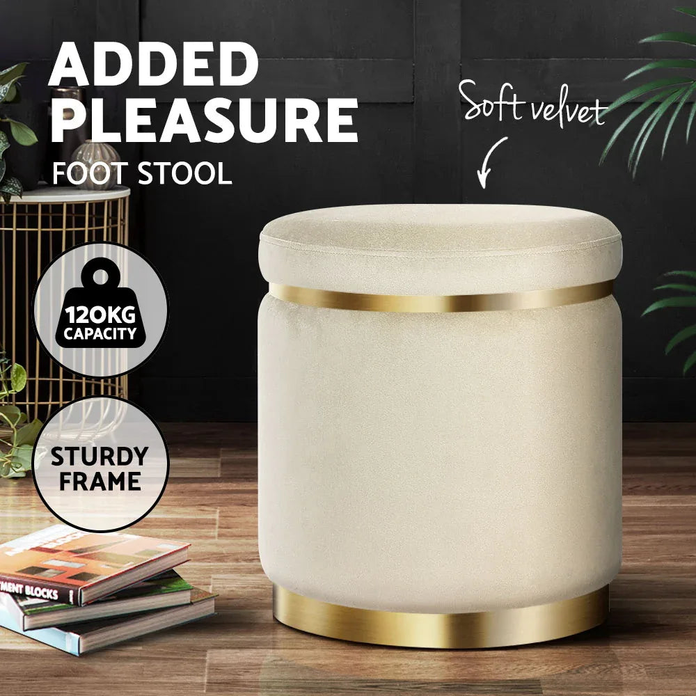 Artiss Ottoman Foot Stool Round Velvet Cream - Mekamart Australia