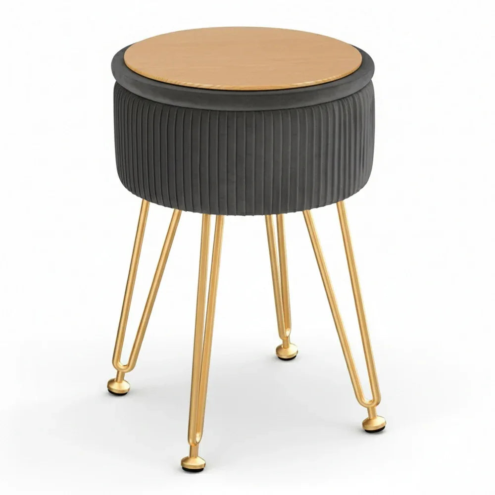 Artiss Ottoman Storage Foot Stool Vanity Velvet Round Grey - Mekamart Australia
