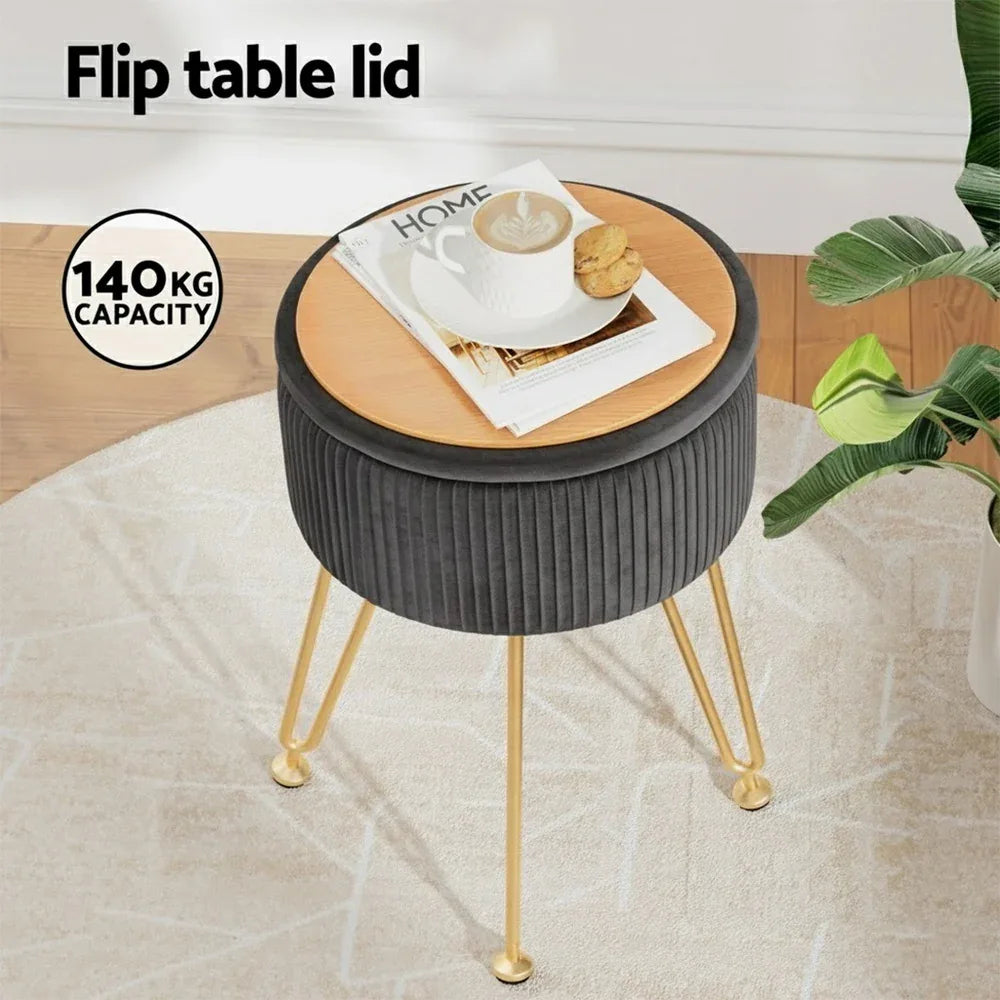 Artiss Ottoman Storage Foot Stool Vanity Velvet Round Grey - Mekamart Australia