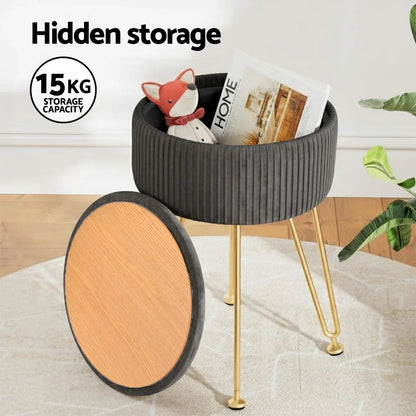 Artiss Ottoman Storage Foot Stool Vanity Velvet Round Grey - Mekamart Australia