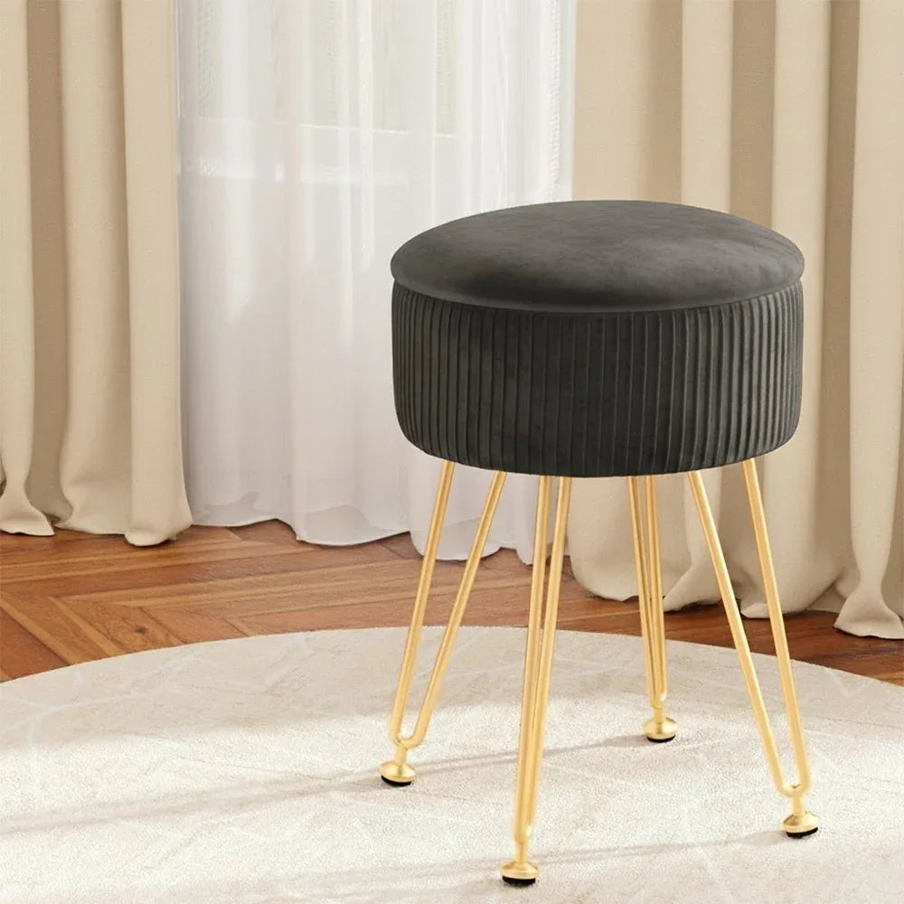 Artiss Ottoman Storage Foot Stool Vanity Velvet Round Grey - Mekamart Australia