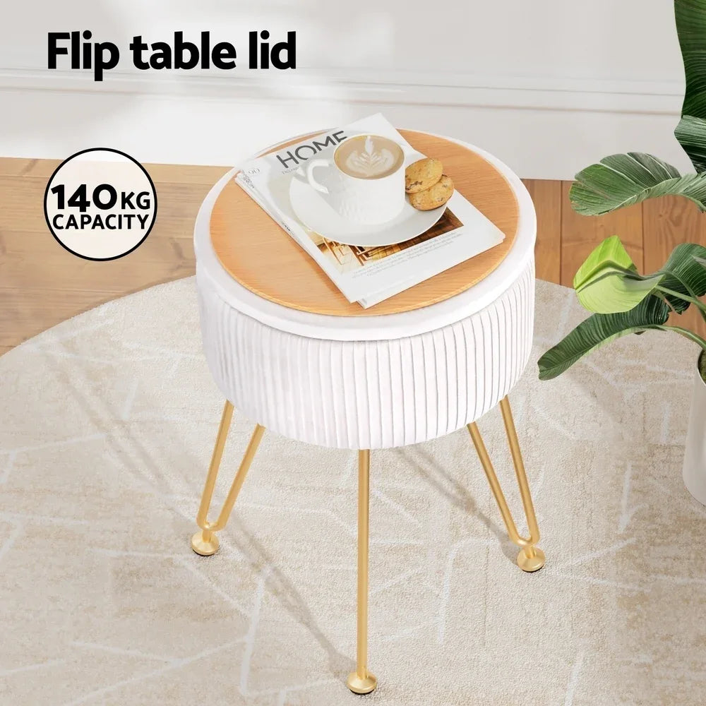 Artiss Ottoman Storage Foot Stool Vanity Velvet Round White - Mekamart Australia