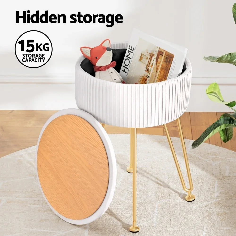 Artiss Ottoman Storage Foot Stool Vanity Velvet Round White - Mekamart Australia