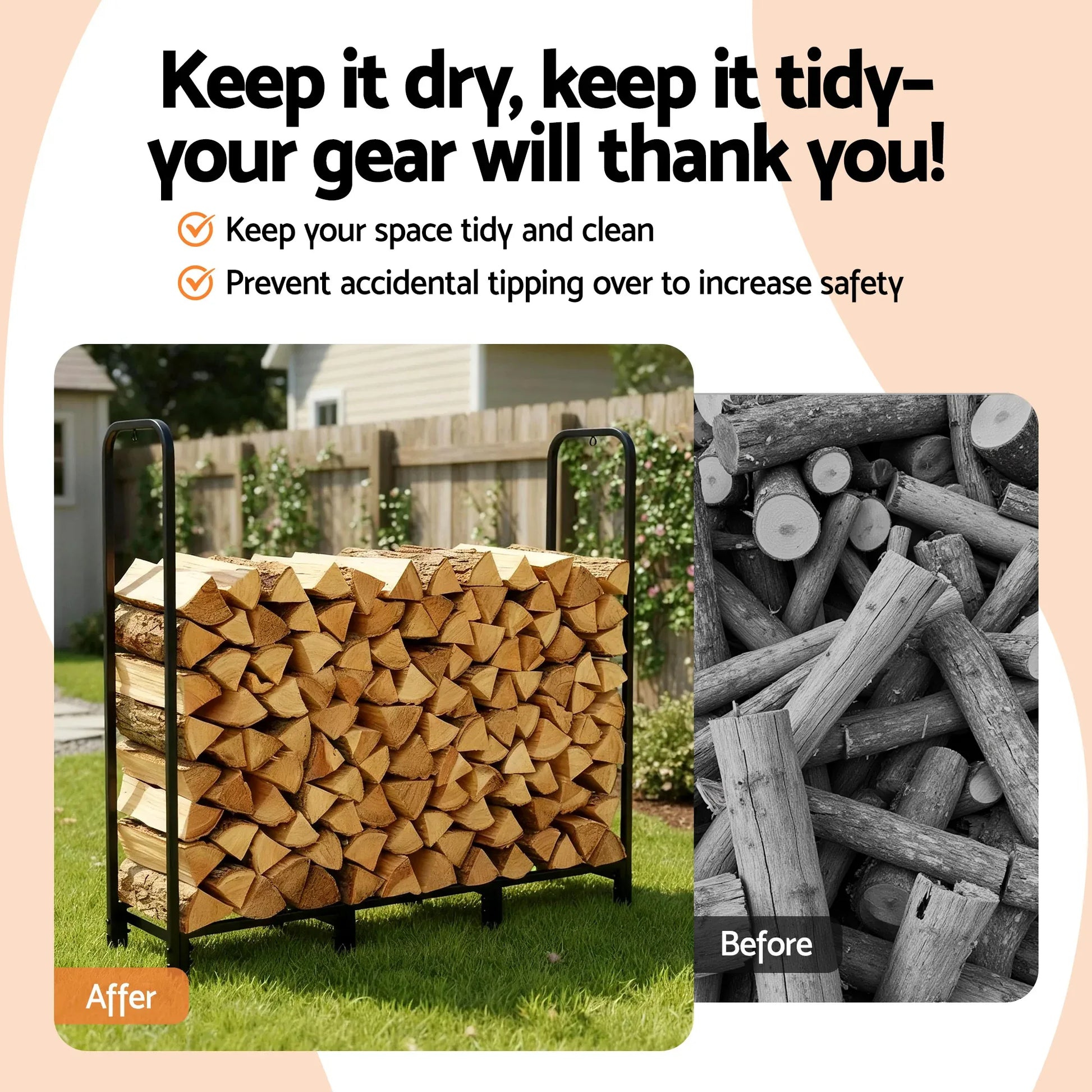 Gardeon Firewood Rack 120cm Wood Rack 3 Sizes Firewood Storage with Tools Black - Mekamart Australia