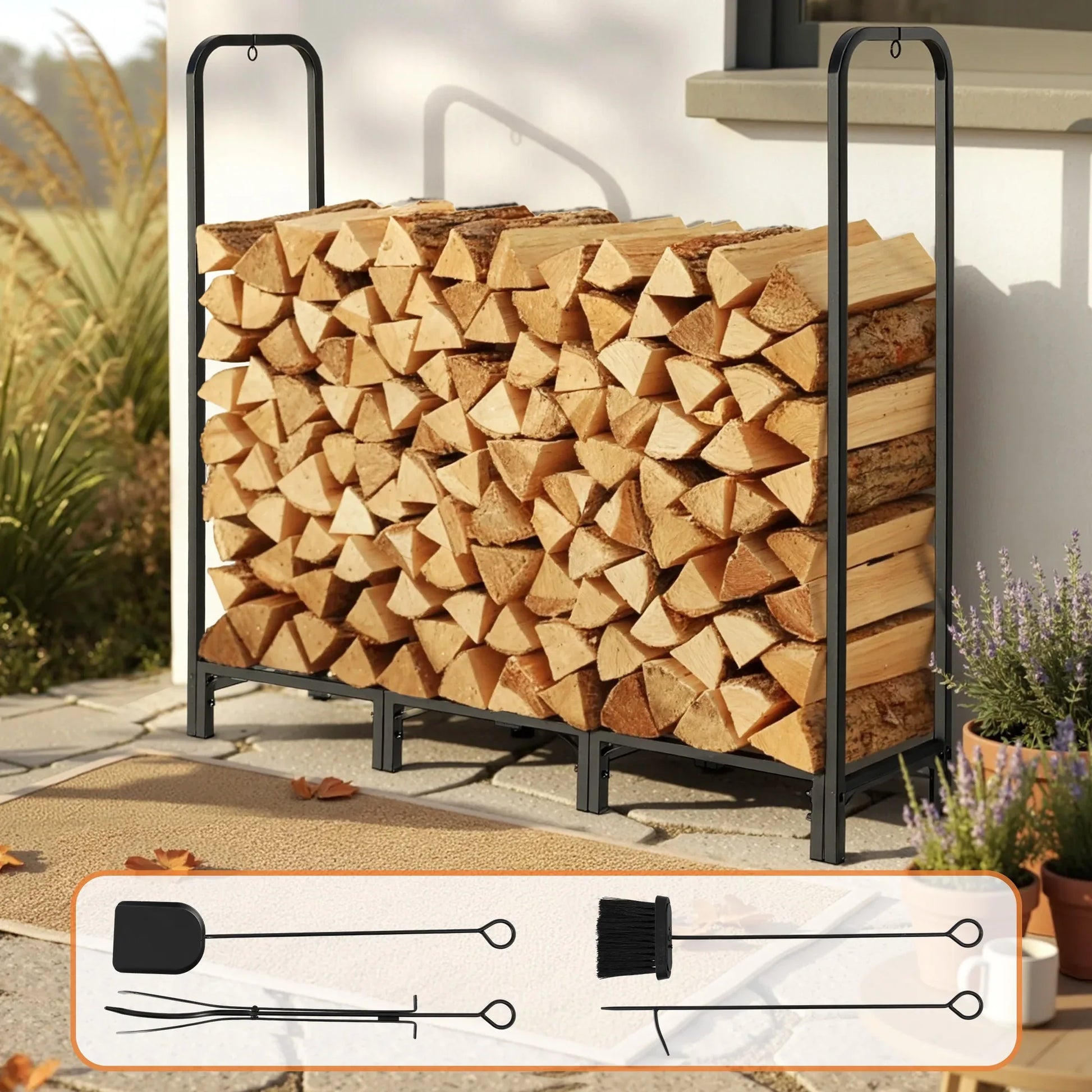 Gardeon Firewood Rack 120cm Wood Rack 3 Sizes Firewood Storage with Tools Black - Mekamart Australia