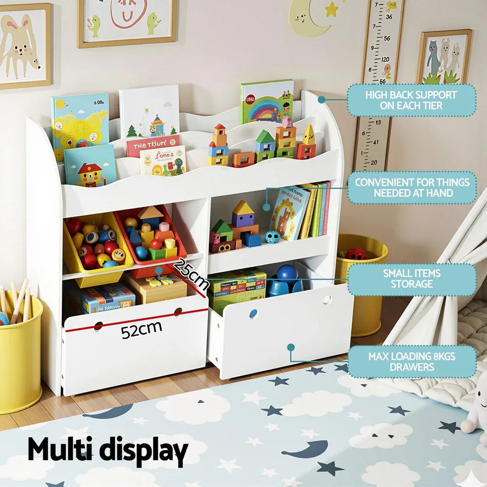 Keezi 3 Tiers Kids Bookshelf Storage Children Bookcase Toy Box Organiser Display White - Mekamart Australia