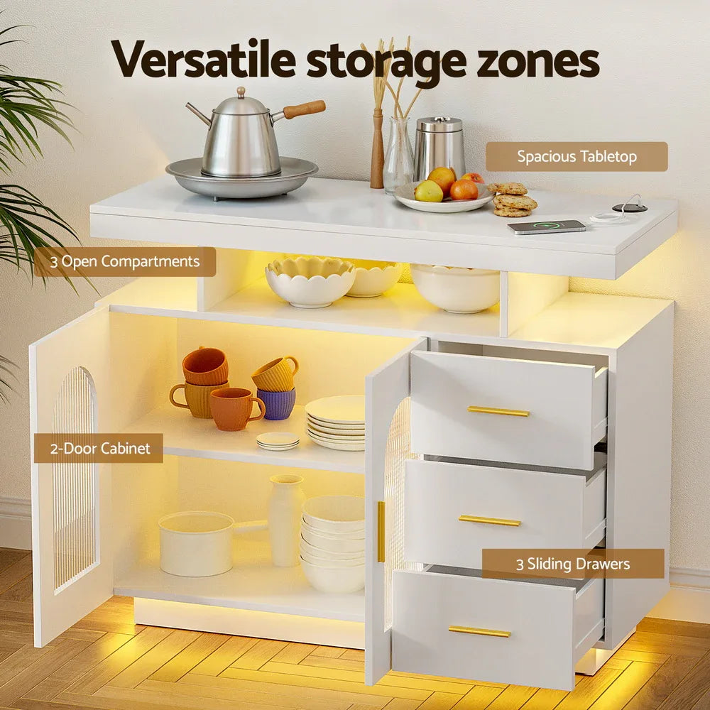 Artiss Buffet Sideboard Cabinet LED Clear Door Kitchen Storage Drawers White - Mekamart Australia