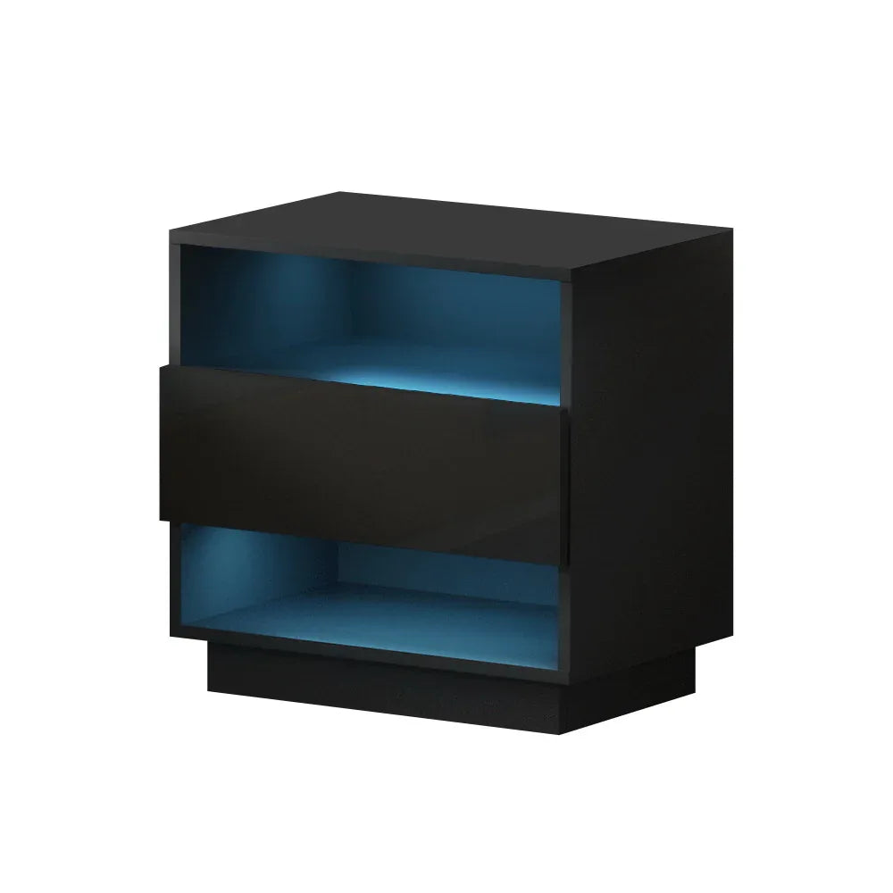 Artiss Bedside Table LED with 2 Shelves - HANA Black - Mekamart Australia