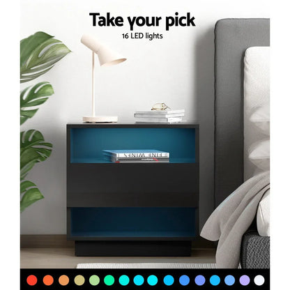 Artiss Bedside Table LED with 2 Shelves - HANA Black - Mekamart Australia