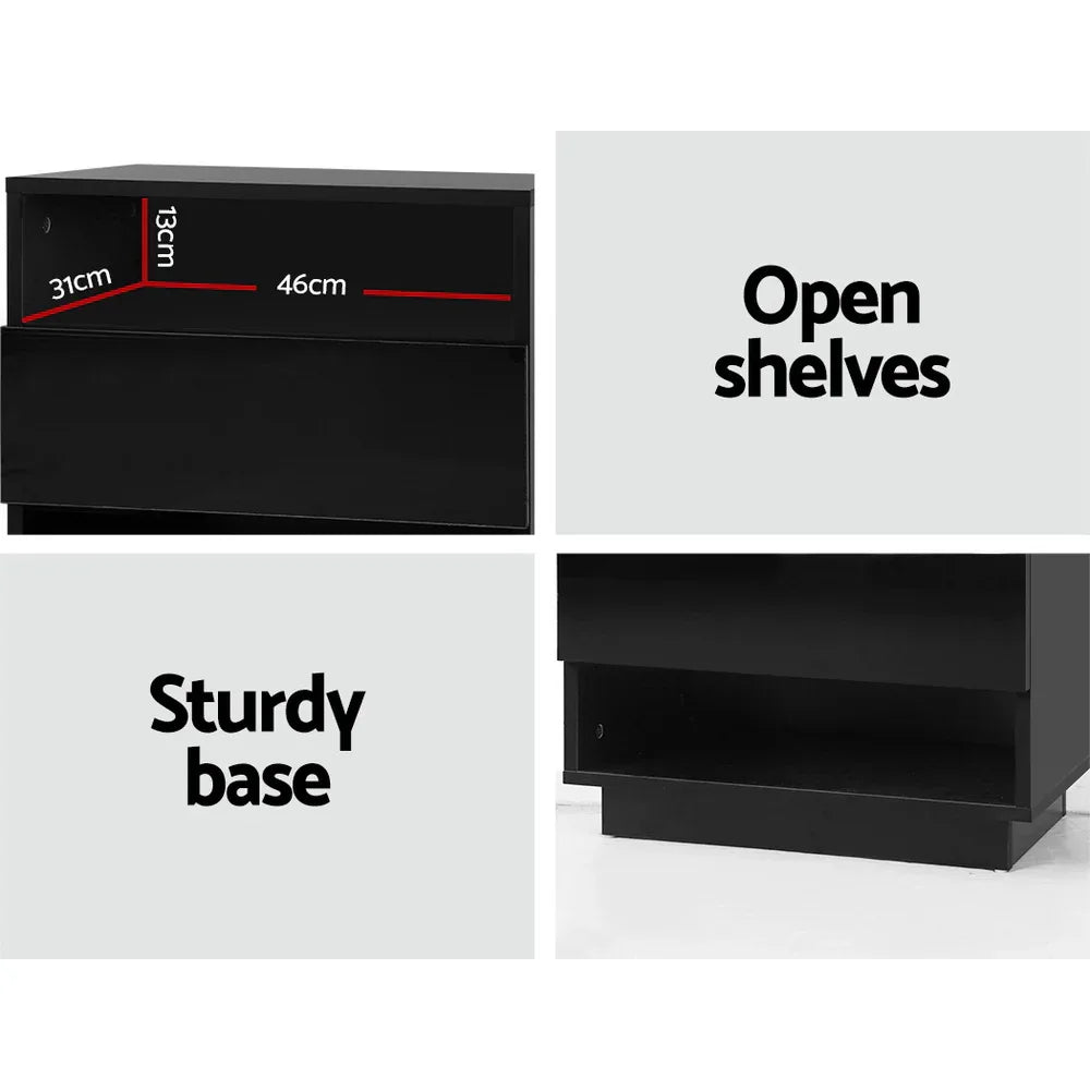 Artiss Bedside Table LED with 2 Shelves - HANA Black - Mekamart Australia