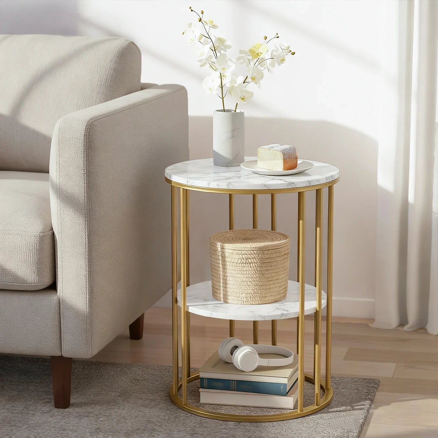 Artiss Coffee Table 2-Tier Round Marble Effect White&Gold - Mekamart Australia