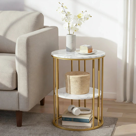Artiss Coffee Table 2-Tier Round Marble Effect White&Gold - Mekamart Australia