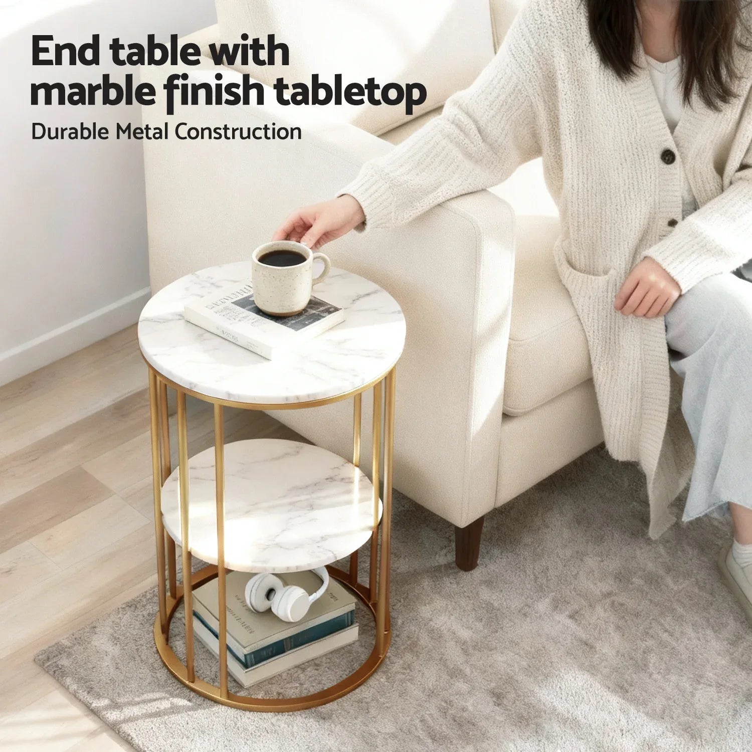 Artiss Coffee Table 2-Tier Round Marble Effect White&Gold - Mekamart Australia