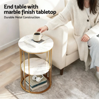 Artiss Coffee Table 2-Tier Round Marble Effect White&Gold - Mekamart Australia