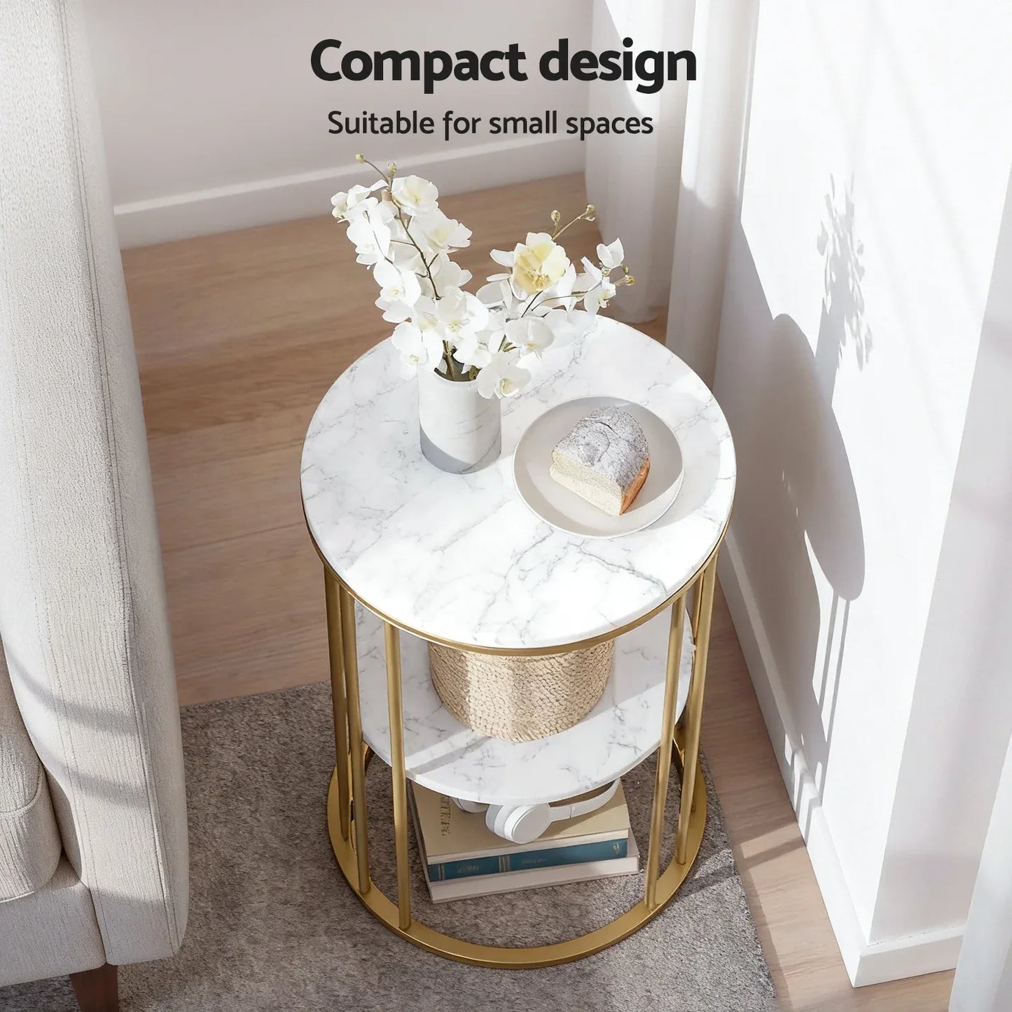 Artiss Coffee Table 2-Tier Round Marble Effect White&Gold - Mekamart Australia