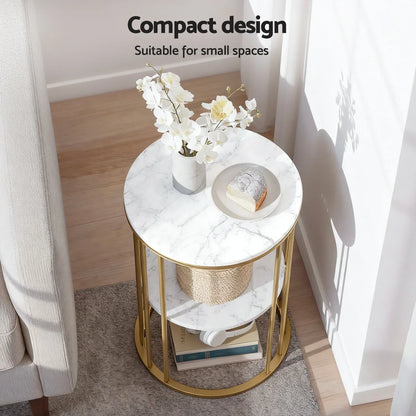 Artiss Coffee Table 2-Tier Round Marble Effect White&Gold - Mekamart Australia