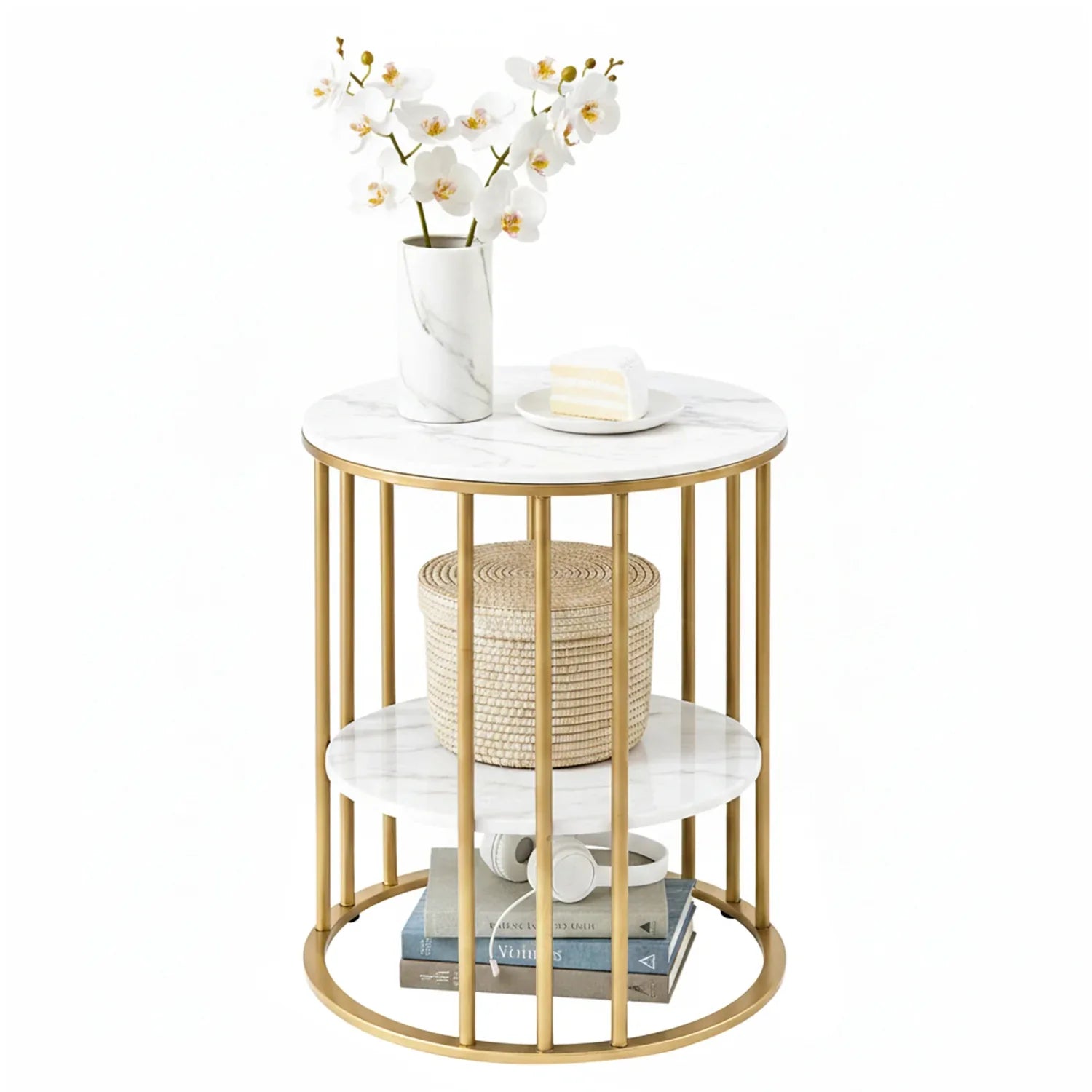 Artiss Coffee Table 2-Tier Round Marble Effect White&Gold - Mekamart Australia