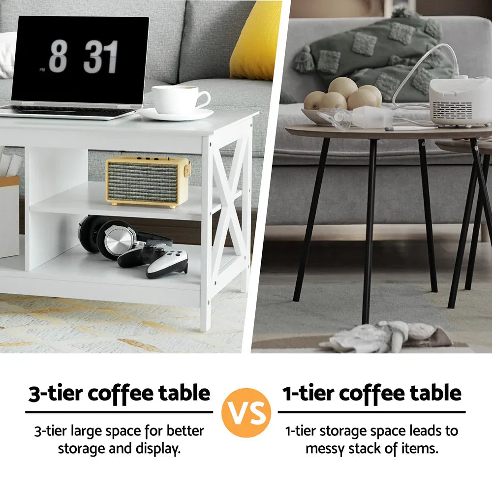 Artiss Coffee Table Storage Shelf White - Mekamart Australia