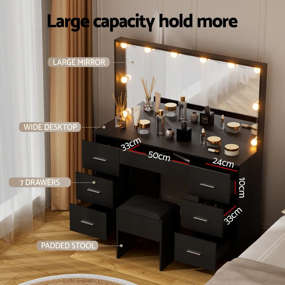 Artiss Dressing Table Vanity Desk Set Stool 10 Led Bulbs Black - Mekamart Australia