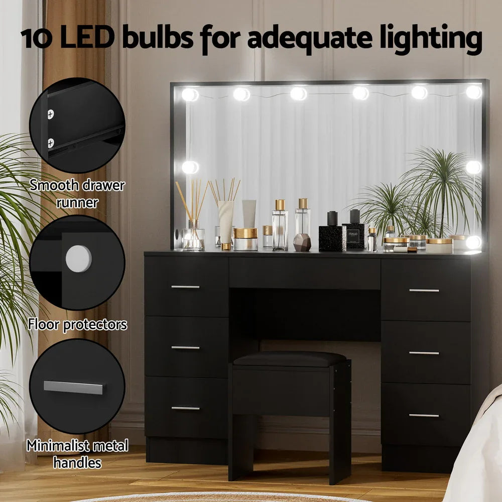 Artiss Dressing Table Vanity Desk Set Stool 10 Led Bulbs Black - Mekamart Australia