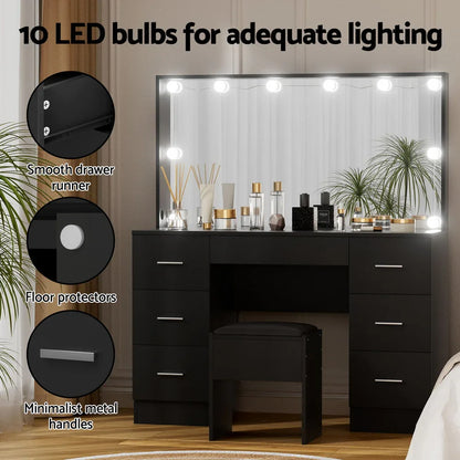 Artiss Dressing Table Vanity Desk Set Stool 10 Led Bulbs Black - Mekamart Australia