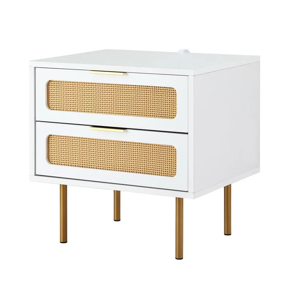 Artiss Rattan Bedside Table 2 Drawers Pine - Mekamart Australia