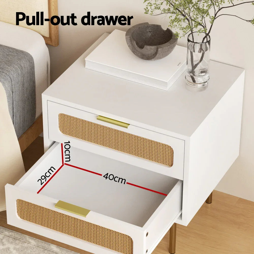 Artiss Rattan Bedside Table 2 Drawers Pine - Mekamart Australia