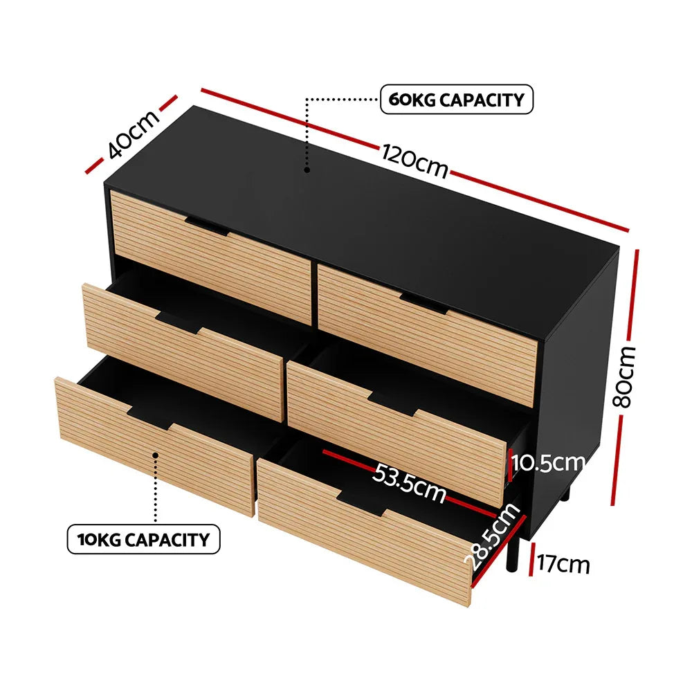 Artiss 6 Chest of Drawers Dresser Table Black&Pine - Mekamart Australia