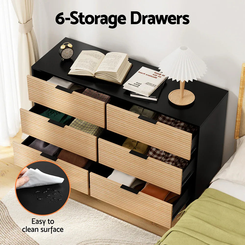 Artiss 6 Chest of Drawers Dresser Table Black&Pine - Mekamart Australia