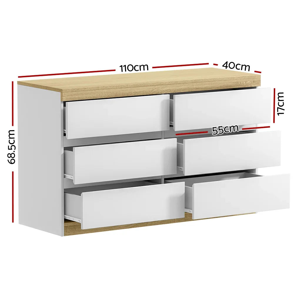 Artiss 6 Chest of Drawers Cabinet Dresser Table Tallboy Storage Bedroom White - Mekamart Australia