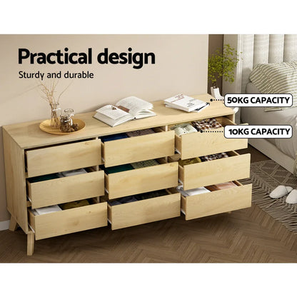 Artiss 9 Chest of Drawers Tallboy Cabinet - XAVI Pine - Mekamart Australia