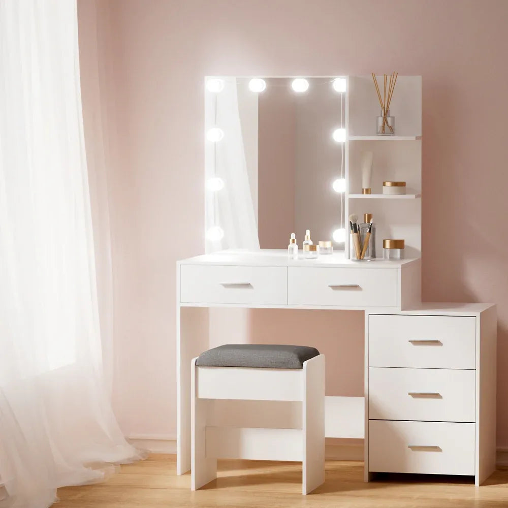 Artiss Dressing Table Set Stool 10 LED Bulbs White Dale - Mekamart Australia