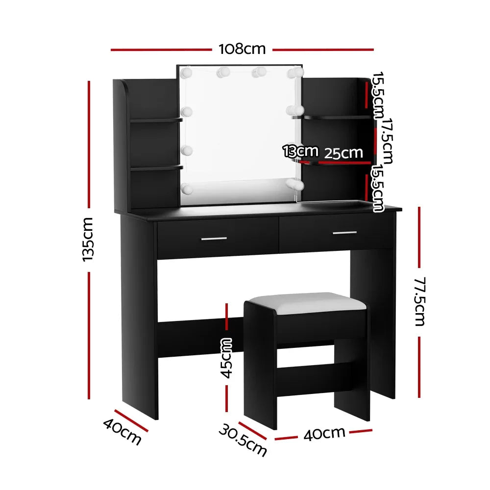 Artiss Dressing Table Set Stool 10 Led Bulbs Black Dulcea - Mekamart Australia